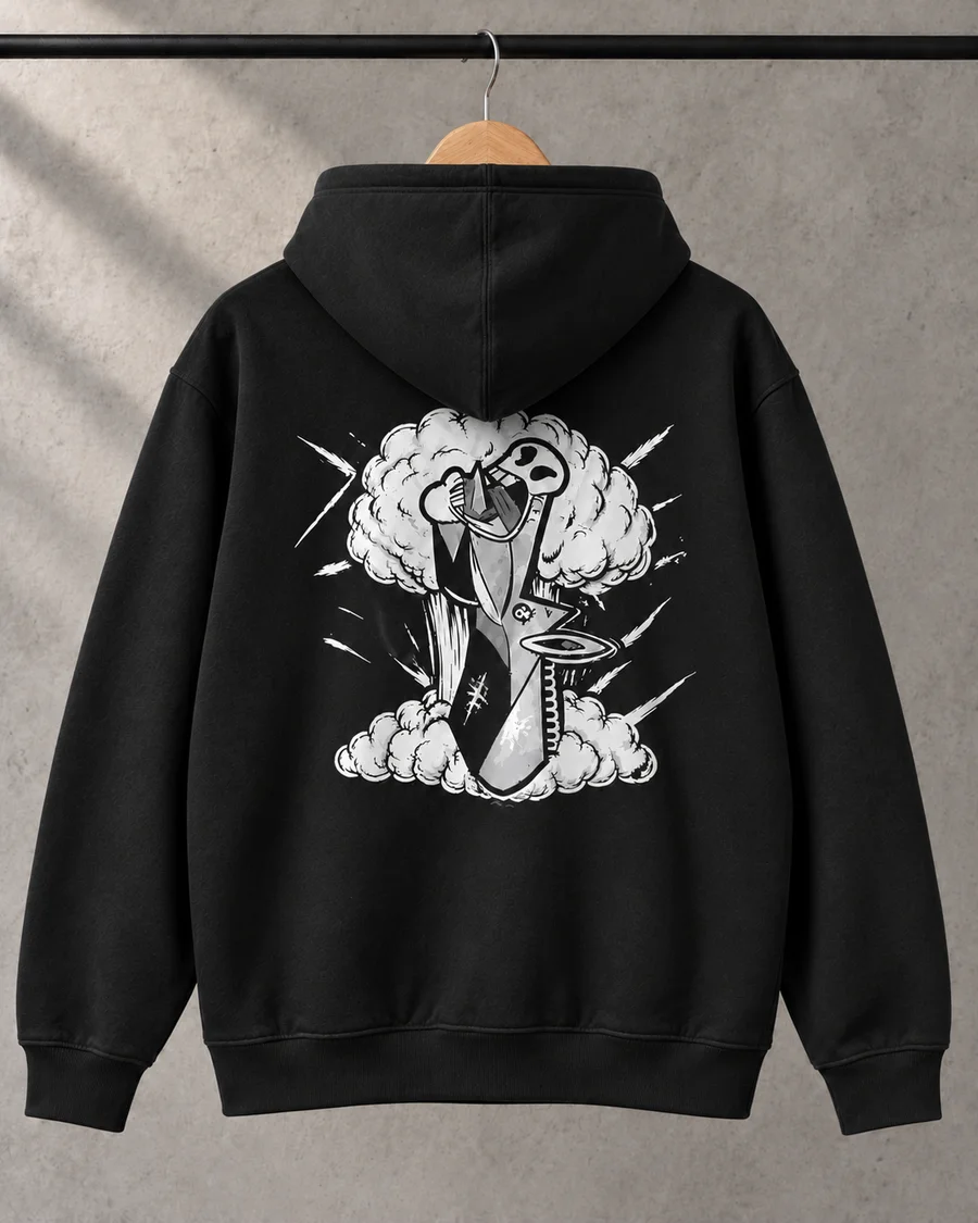 Hoodie negro, referencia 1, espalda: Burro grande